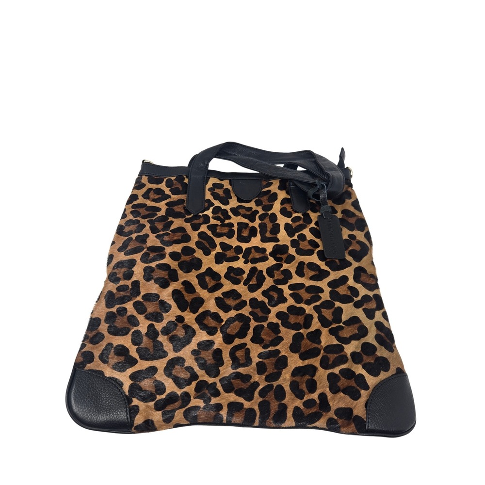 Aqua Madonna Leopard Calf Hair and Black Pebbled Leather Tote Bag Tassel Gold
